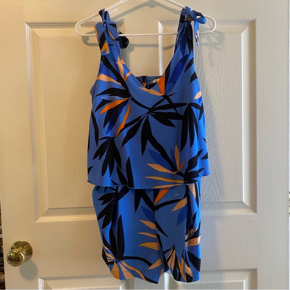 C&E Blue Orange Black Leaf Print Sleeveless Romper
